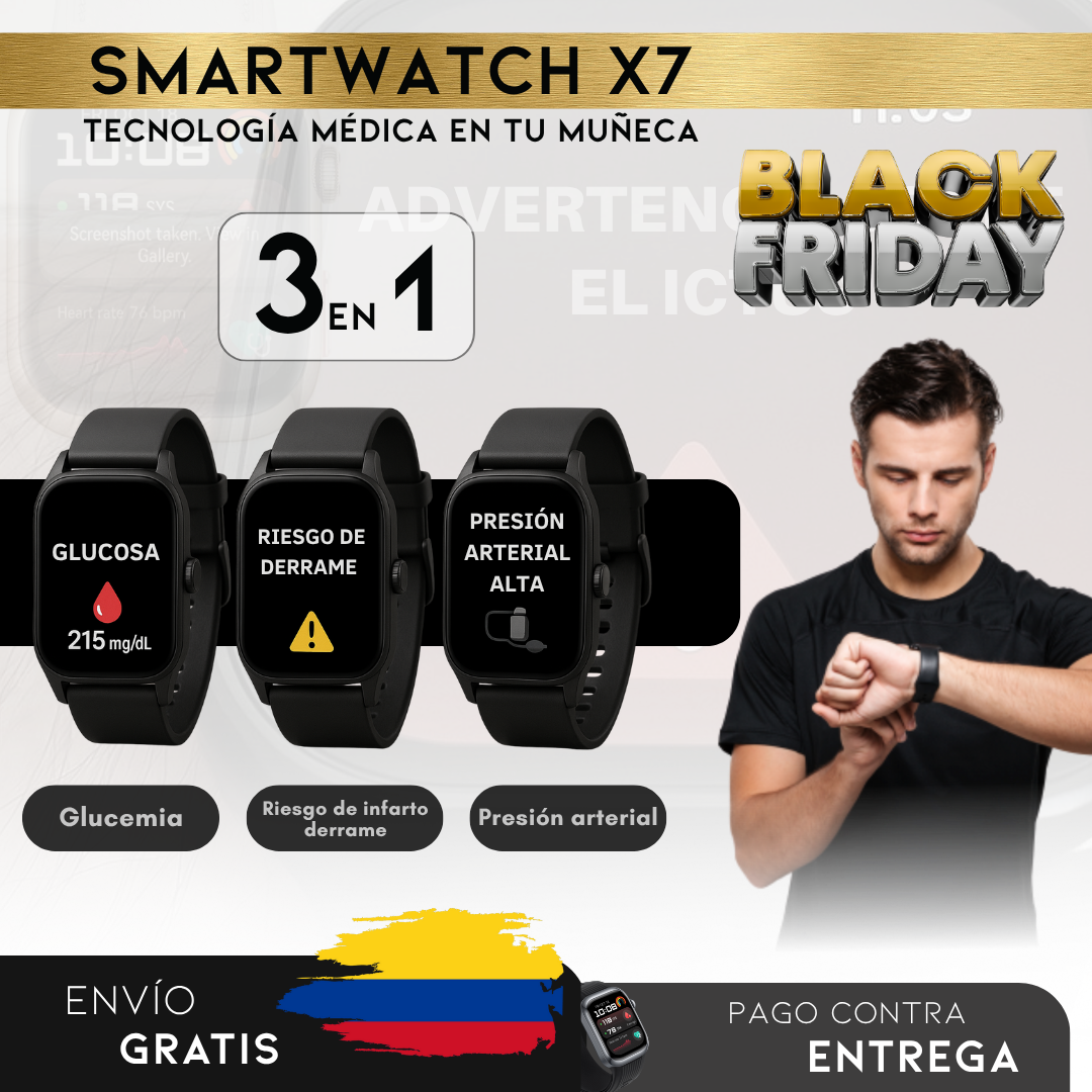 BLACK FRIDAY: SmartWatch X7 – Monitor Médico 3 en 1 (Glucosa, Presión, Riesgo de ACV) | Menú en español