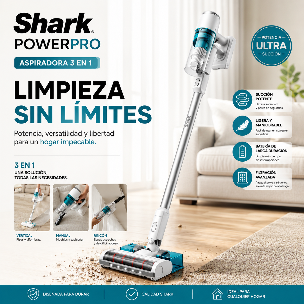Shark PowerPro™ - Aspiradora Inalambrica 3 en 1 | Automática y de mano