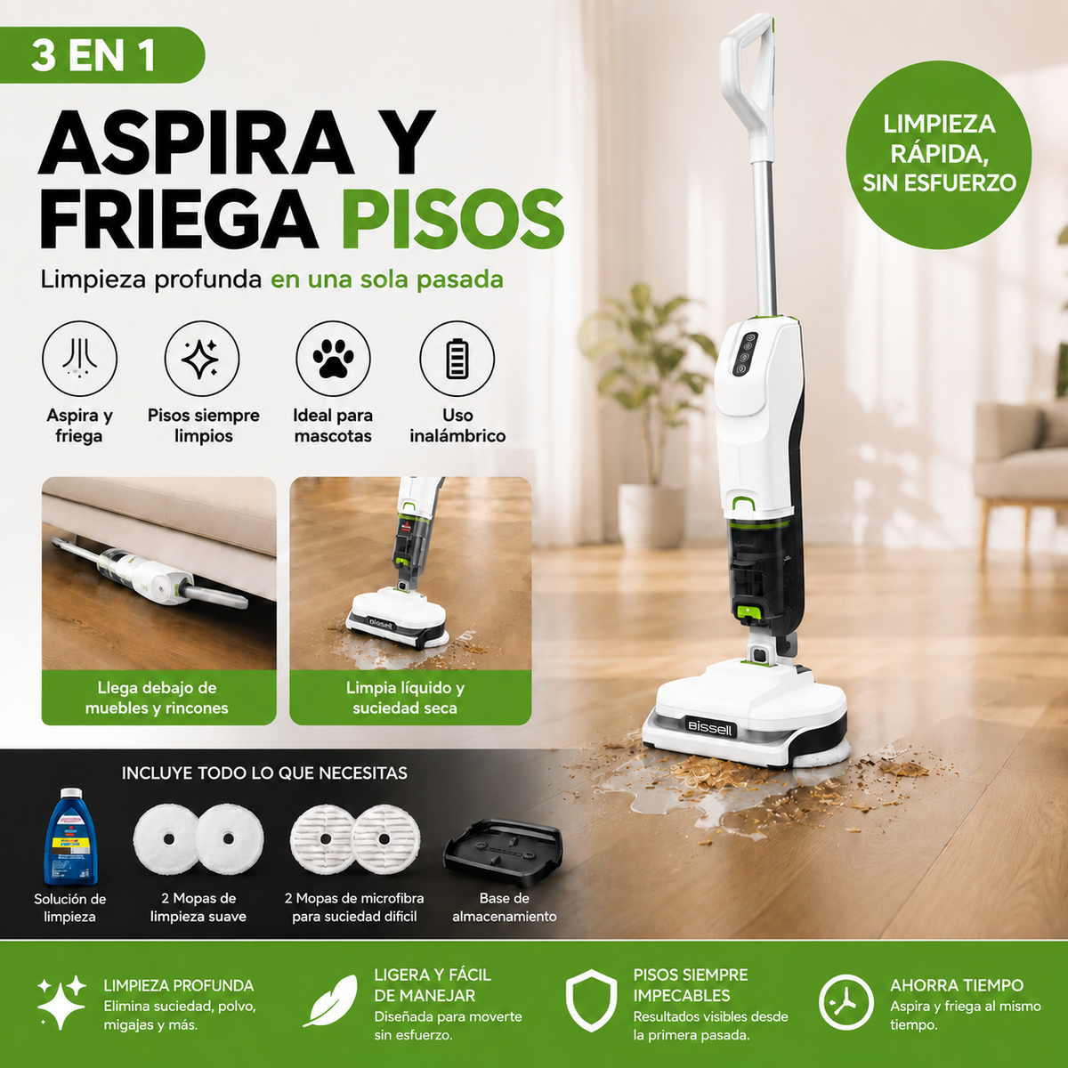 BISSELL - Aspiradora Inalámbrica 3 en 1 | Superligera y Portátil